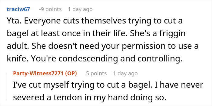 Reddit comments discussing a husband warning wife about a dangerous gift from her mom, focusing on cutting risks and control.
