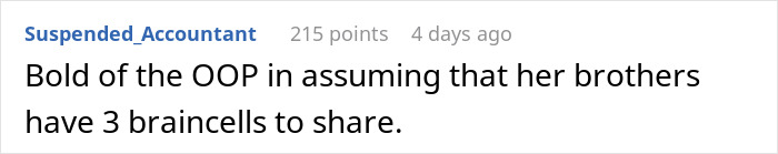 Screenshot of an online comment highlighting frustration over brothers too broke to pitch in for Mom&rsquo;s birthday gift.