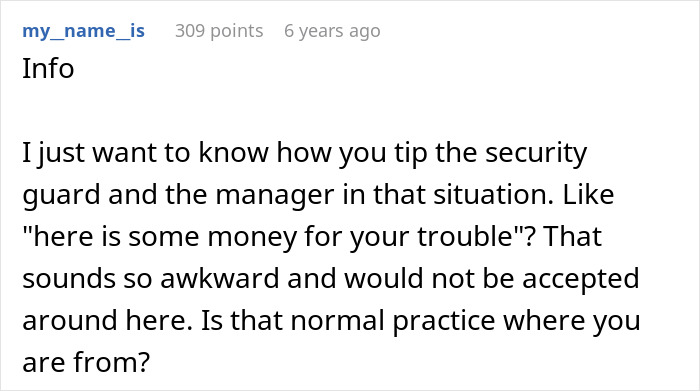 Screenshot of a Reddit comment discussing tipping security guards and managers in an awkward situation involving money. Screenshot of a Reddit comment discussing tipping security guards and managers in an awkward situation involving money.
