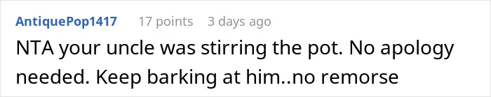 Comment on a forum post discussing a bald and divorced man shaming his nephew for long hair and cooking for his girlfriend.