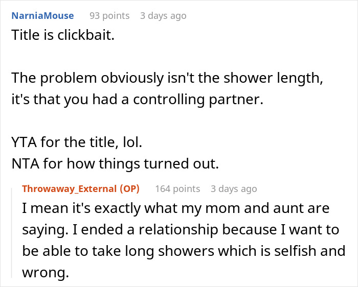 Red flags: Reddit screenshot of comments calling partner controlling and debating shower length after breakup