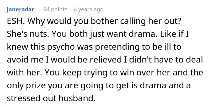 Comment on forum screen showing user janeradar discussing drama and stressed husband, highlighting ruining family relationship lying MIL.