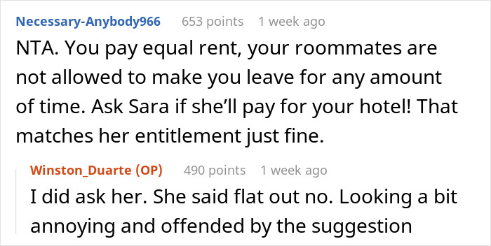 Reddit discussion about guy refusing to pay for a hotel to help roommate lie to her conservative family.