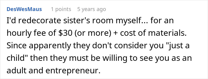 Comment on Reddit about redecorating sister&rsquo;s room, discussing fees and being seen as an adult entrepreneur.