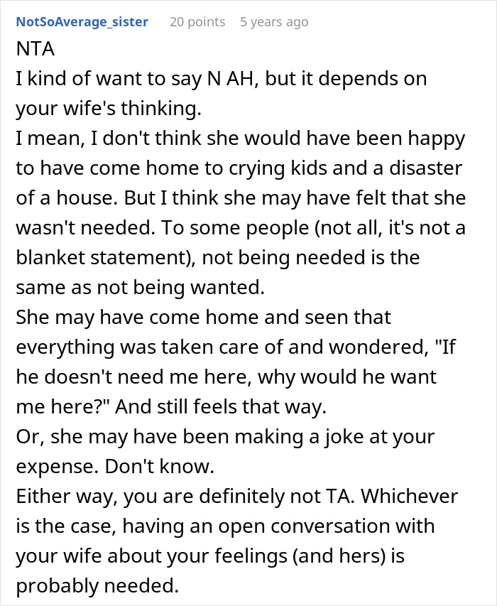 Reddit comment screenshot about guy embarrasses wife, user says NTA and suggests open conversation