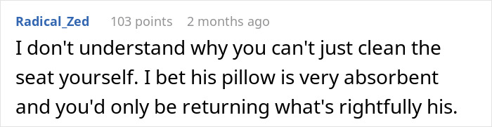 Text comment about cleaning toilet seat stains, expressing frustration related to brother leaving messes. Text comment about cleaning toilet seat stains, expressing frustration related to brother leaving messes.