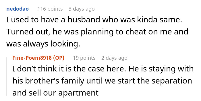 Reddit user vents about husband leaving her due to trust issues and not feeling jealous in relationship comments.