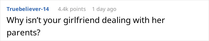 Text comment asking why girlfriend isn&rsquo;t dealing with her parents during their visit causing problems with suite bedroom and boyfriend&rsquo;s car.