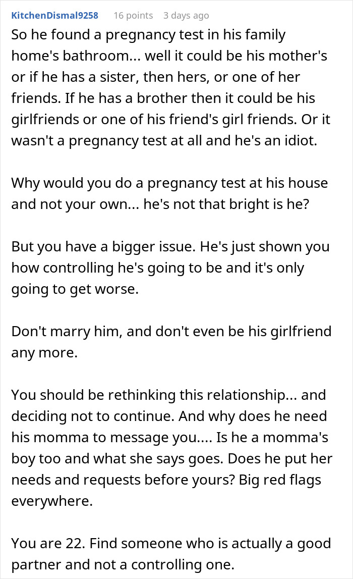 Comment discussing controlling behavior of a man after assuming fianc&eacute;e is pregnant, highlighting relationship red flags.