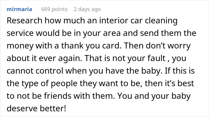 Screenshot of an online comment discussing a woman giving birth in a friend's car and being ignored afterward.