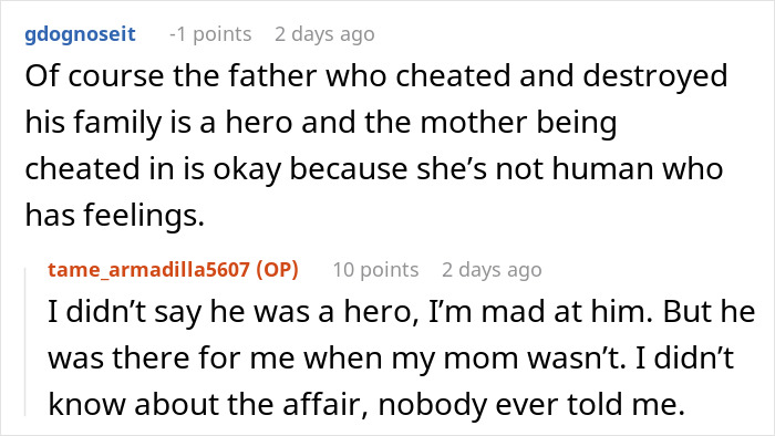 Reddit discussion showing a mom blaming her daughter for picking dad in divorce and refusing involvement in her life.