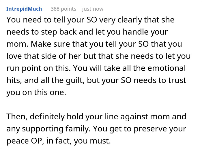 Text discussion on handling guilt trips and emotional pressure from a religious mom about moving in with adult son.