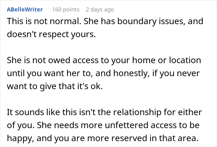 Screenshot of a social media comment discussing boundary issues after a girlfriend uses a hidden key to enter home.
