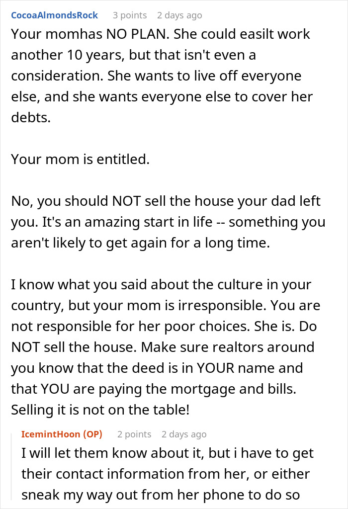 Screenshot of a Reddit conversation about a mom in $37K debt and daughter refusing to sell inherited home to help. Screenshot of a Reddit conversation about a mom in $37K debt and daughter refusing to sell inherited home to help.