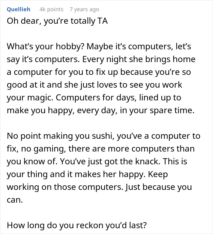 Text screenshot showing a comment discussing a hobby of fixing computers, related to chef girlfriend boyfriend not going restaurants.