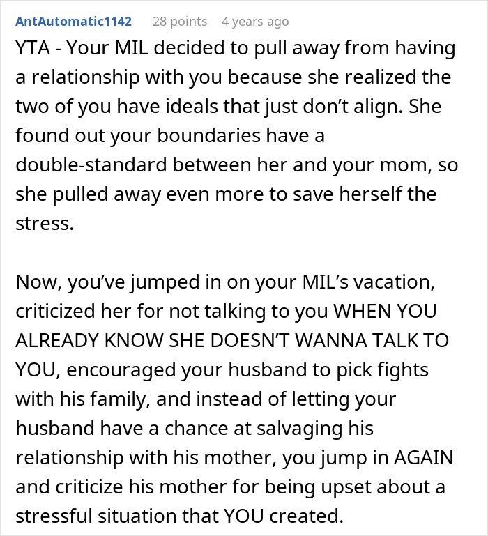 Comment discussing how lying MIL causes stress and strains in ruining family relationship dynamics.
