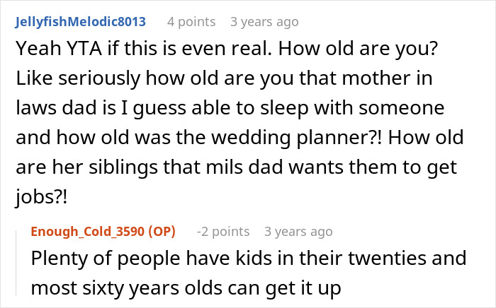Comment thread discussing MIL admitting she paid a wedding planner who slept with her dad and family conflict. Comment thread discussing MIL admitting she paid a wedding planner who slept with her dad and family conflict.
