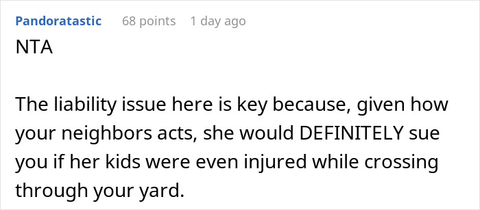 Screenshot of a comment discussing liability risks of allowing kids to cross a neighbor's yard in a child-hating hermit dispute.