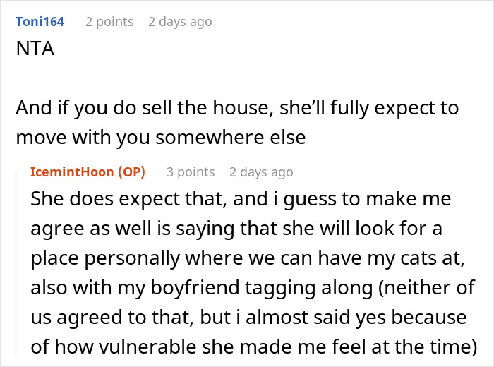 Text conversation about a mom in debt and her daughter refusing to sell the inherited home to help financially. Text conversation about a mom in debt and her daughter refusing to sell the inherited home to help financially.
