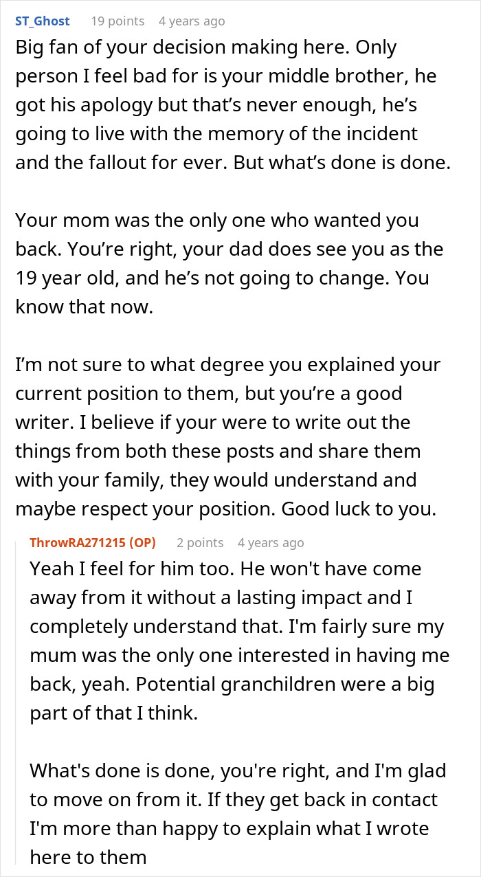 Reddit discussion about family deciding to forgive man for beating his brother and his reaction to their tone.