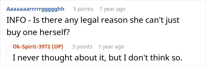 Reddit screenshot: user asks if there's legal reason she can't buy a heated blanket herself; OP replies she doesn't think so. Reddit screenshot: user asks if there's legal reason she can't buy a heated blanket herself; OP replies she doesn't think so.