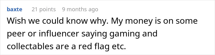 Comment discussing suspicion about gaming and collectibles as red flags in peer or influencer opinions.