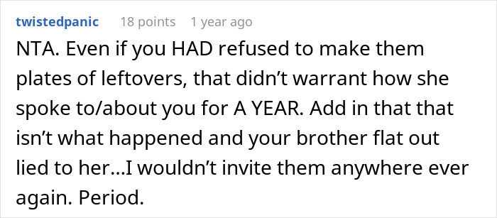 Screenshot of a Reddit comment discussing a guy eating leftovers and family tensions involving insults about weight and job.