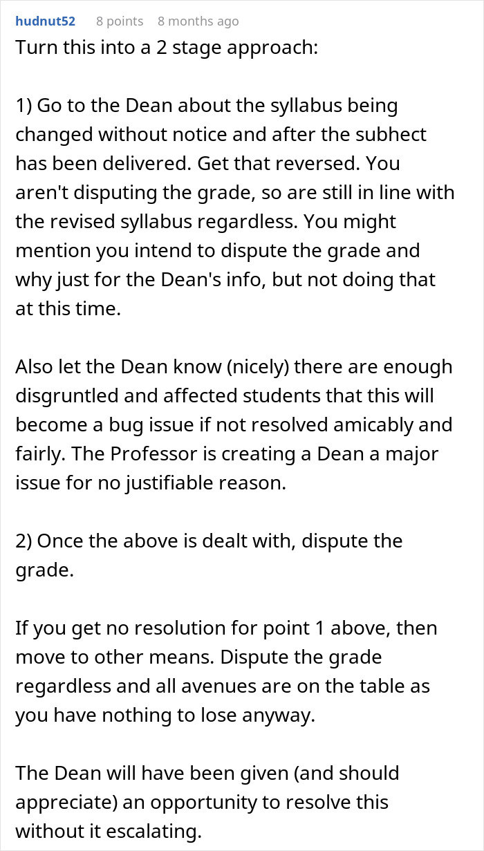 Text post advising a two-stage approach to dispute a professor&rsquo;s phone rule enforcement causing students to risk failing.