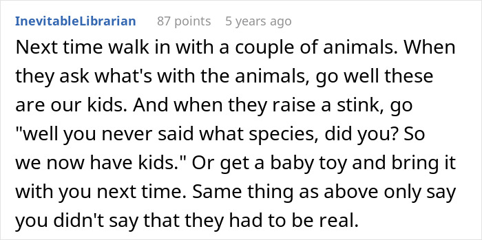 Screenshot of a Reddit comment suggesting humorous ways to respond to guilt-tripping about having kids from man&rsquo;s parents.