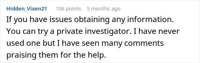 Screenshot of a user comment suggesting to try a private investigator for help with family accusations and issues.