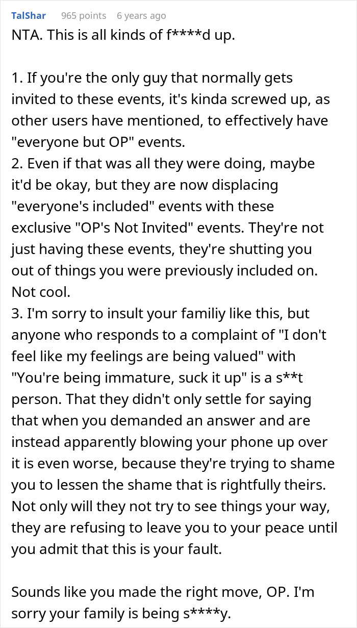 Screenshot of a Reddit comment discussing a guy furious after family refuses to include him in girl days events.