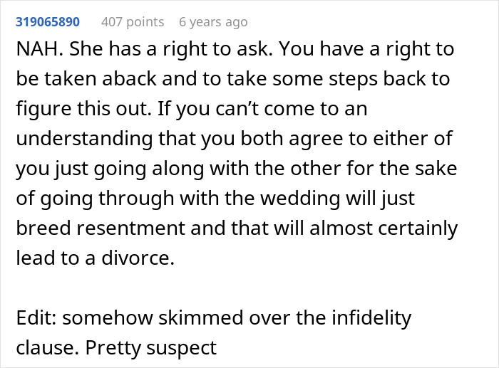 Reddit user discusses prenup disagreements and the impact of infidelity clauses on engagement decisions. Reddit user discusses prenup disagreements and the impact of infidelity clauses on engagement decisions.