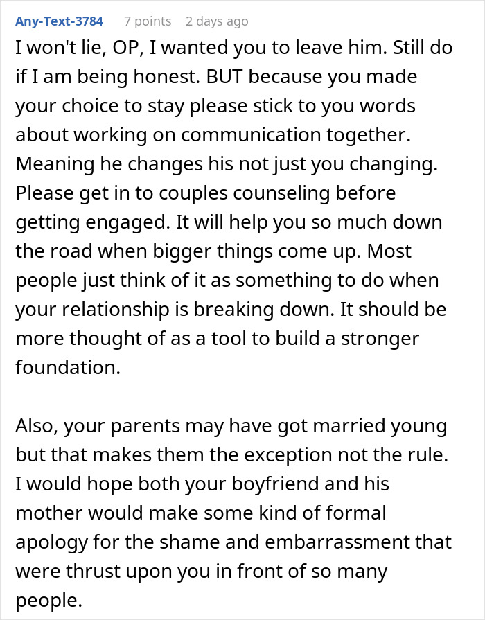 Comment discussing the impact of a man showing his true colors after assuming fianc&eacute;e is pregnant, urging couples counseling.