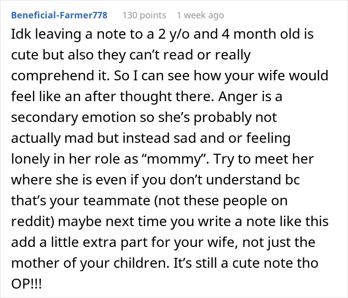 Reddit comment discussing a husband's note to wife and why it divides internet over her feelings and misunderstanding.