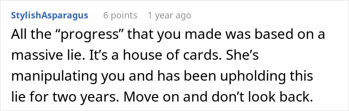 Screenshot of a comment addressing a man discovering his wife&rsquo;s cheating wasn&rsquo;t just one drunken night after two years.