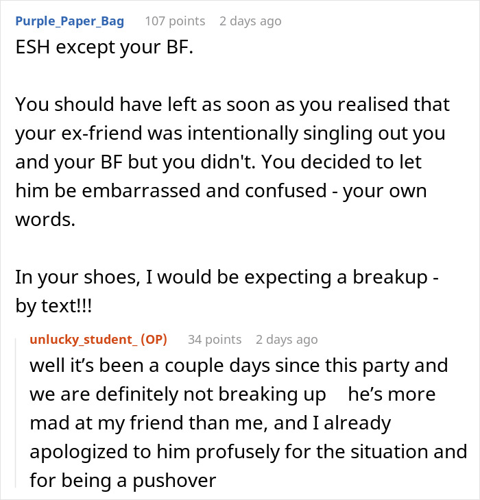 Reddit comments discussing bestie&rsquo;s boyfriend being excluded from birthday party, sparking drama and relationship tension.