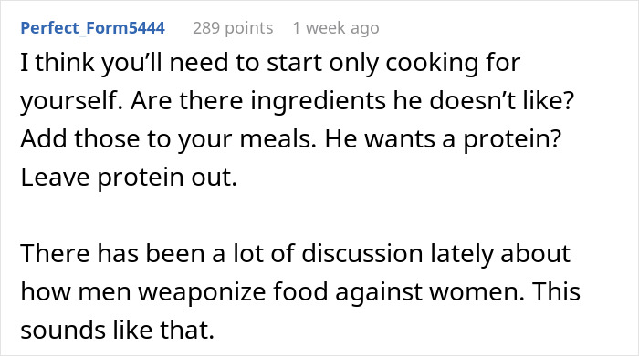 Comment discussing mom boyfriend food drama and how food can be weaponized in relationships.