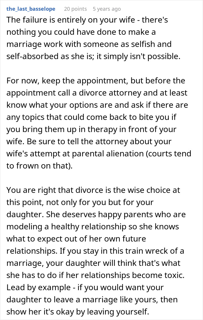 Comment advising a husband on dealing with a selfish wife and considering divorce to protect family well-being.