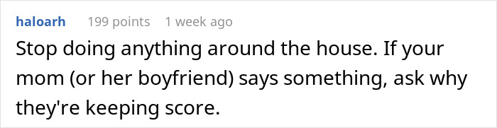 Text comment about mom and boyfriend food drama, advising to question why they keep score around the house.