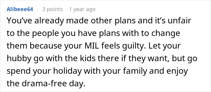 Comment on a forum discussing a woman refusing to attend her MIL&rsquo;s Thanksgiving after being reinvited due to other guests canceling.