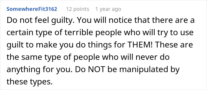 Comment by user SomewhereFit3162 advising not to feel guilty when stepmom calls teen selfish for spending money on herself.