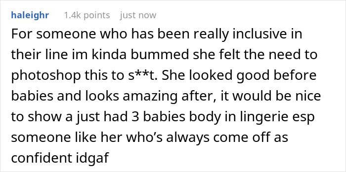Rihanna distorted lingerie photos, Reddit comment screenshot criticizing photoshopping and body inclusivity