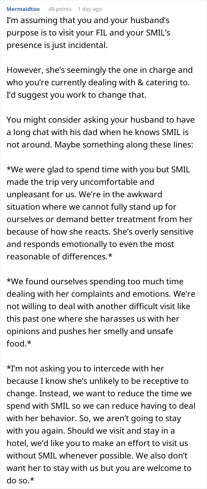 Comment discussing dealing with expired food in her pantry from 1999 and tension over pregnant woman declining MIL&rsquo;s meals.