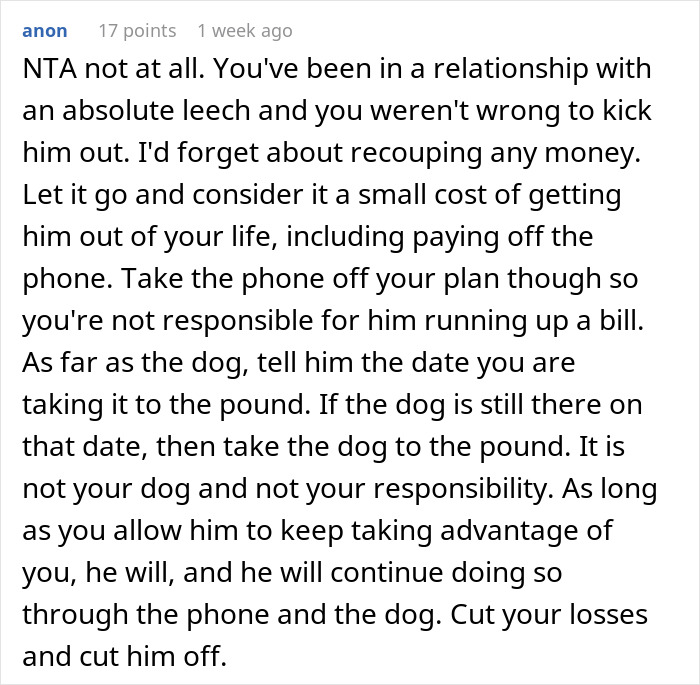Comment advising woman to take ex’s dog to shelter if he does nothing, highlighting dog responsibility issues. Comment advising woman to take ex’s dog to shelter if he does nothing, highlighting dog responsibility issues.