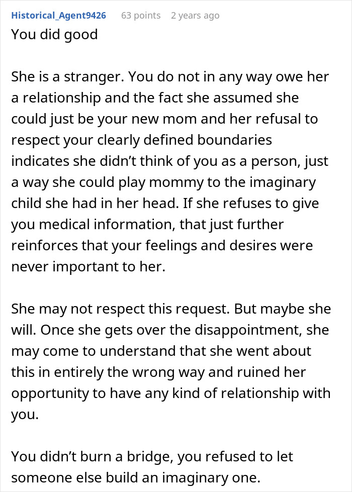 Comment discussing bio mom appearing after 16 years, struggling with boundaries and relationship expectations.