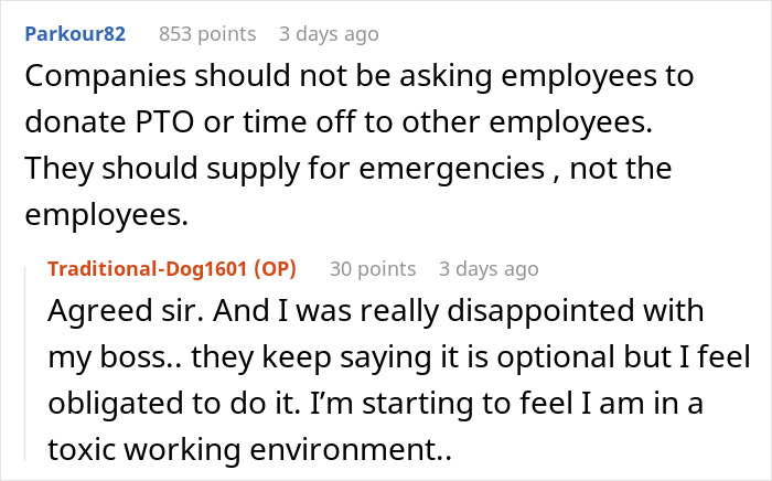 Screenshot of an online discussion about coworkers pressuring a guy to donate PTO, highlighting refusal and toxic work environment.