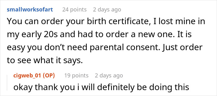 Text comment conversation about ordering a birth certificate without parental consent to confirm identity before a DNA test. Text comment conversation about ordering a birth certificate without parental consent to confirm identity before a DNA test.