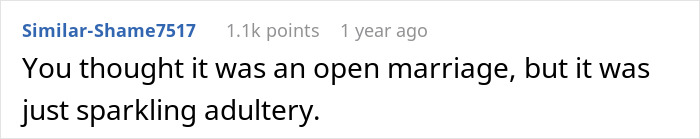 Screenshot of a Reddit comment about open marriage and adultery with a username and points shown.