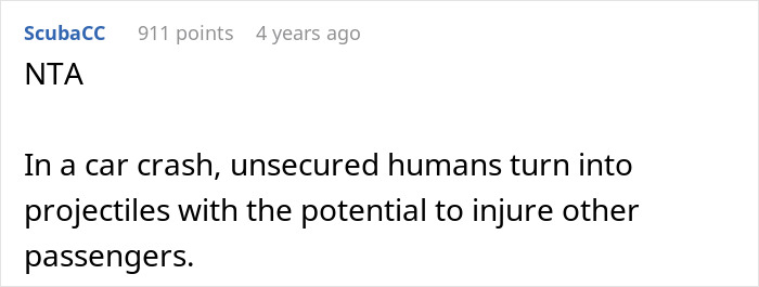 Text from a Reddit comment explaining the dangers of unsecured passengers in a car crash, related to seat belt safety.