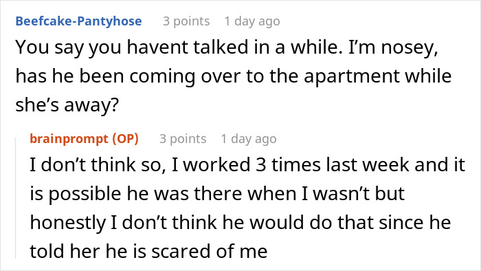 Text conversation about roommate boyfriend vacation drama, discussing suspicion of visits during absence.